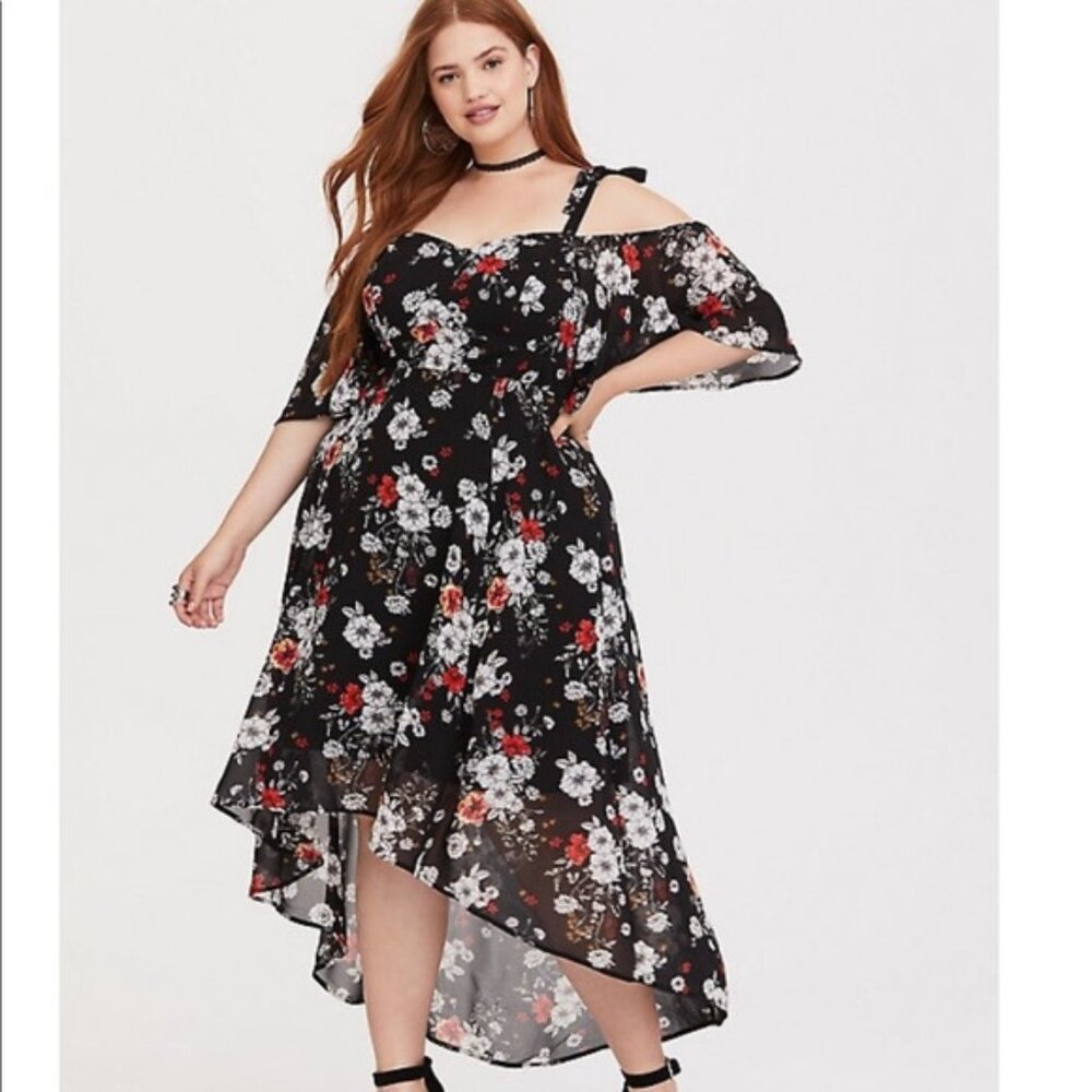 TORRID Black Floral Hi-Lo Chiffon Cold Shoulder Maxi Dress Size 3X
